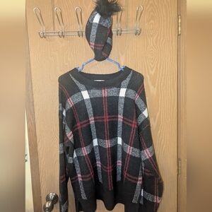 Christian Siriano Crew Neck Plaid Sweater and Matching Hat - Large